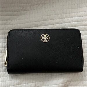 Tory Burch Black Zip Wallet with Gold Emblem